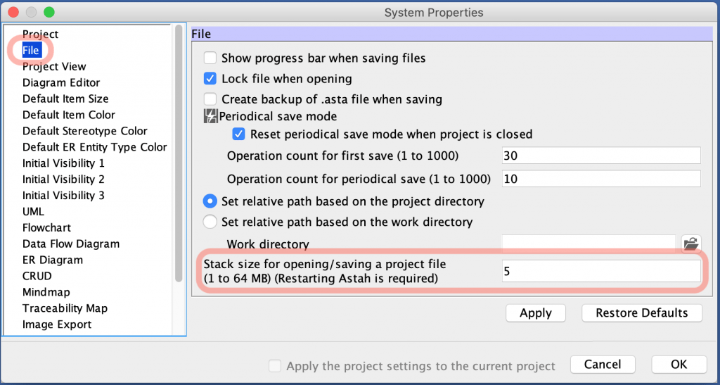 Specifying a Stack size for opening/saving a project file