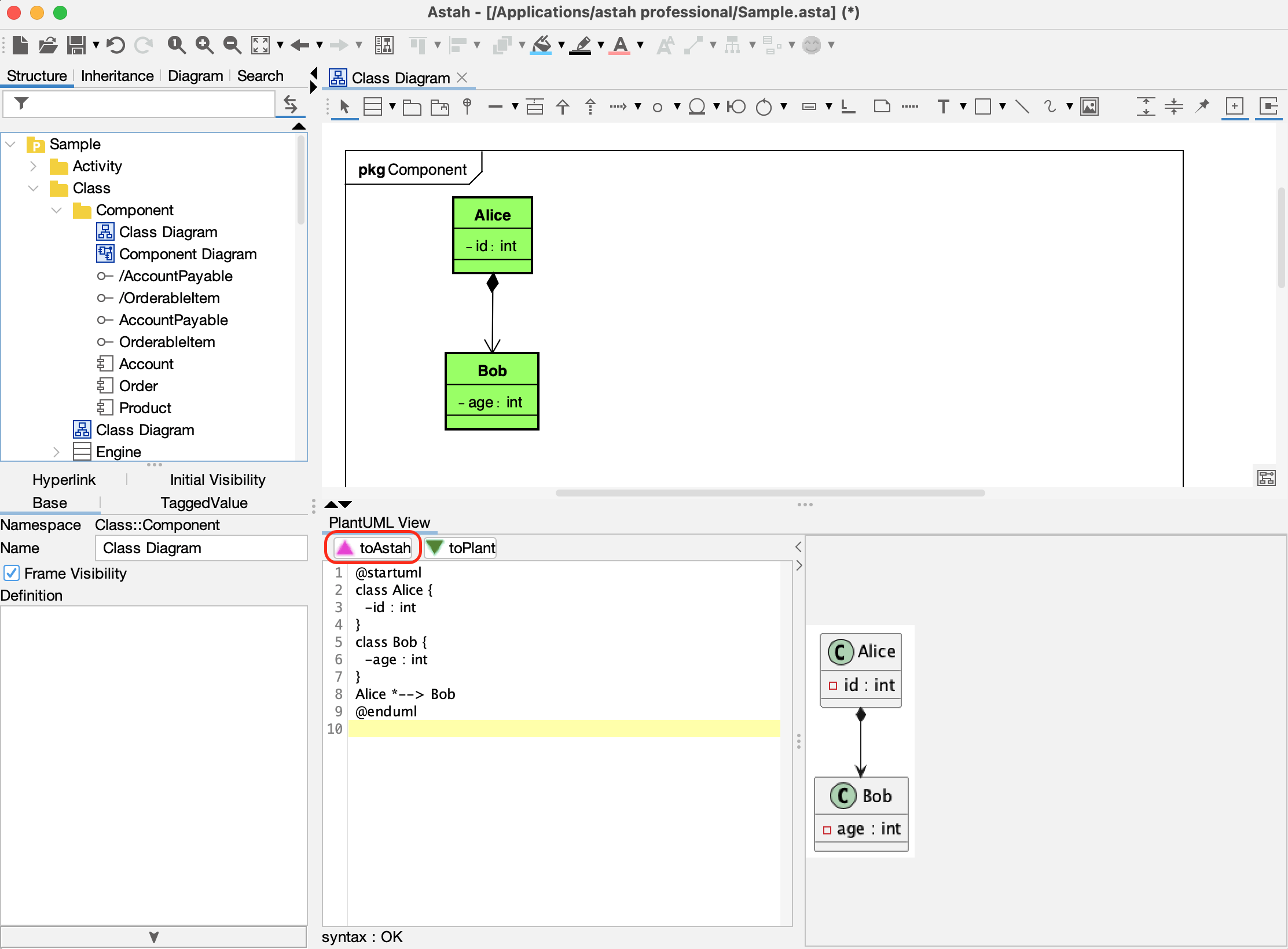 Importing a PlantUML diagram into Astah using the toAstah button
