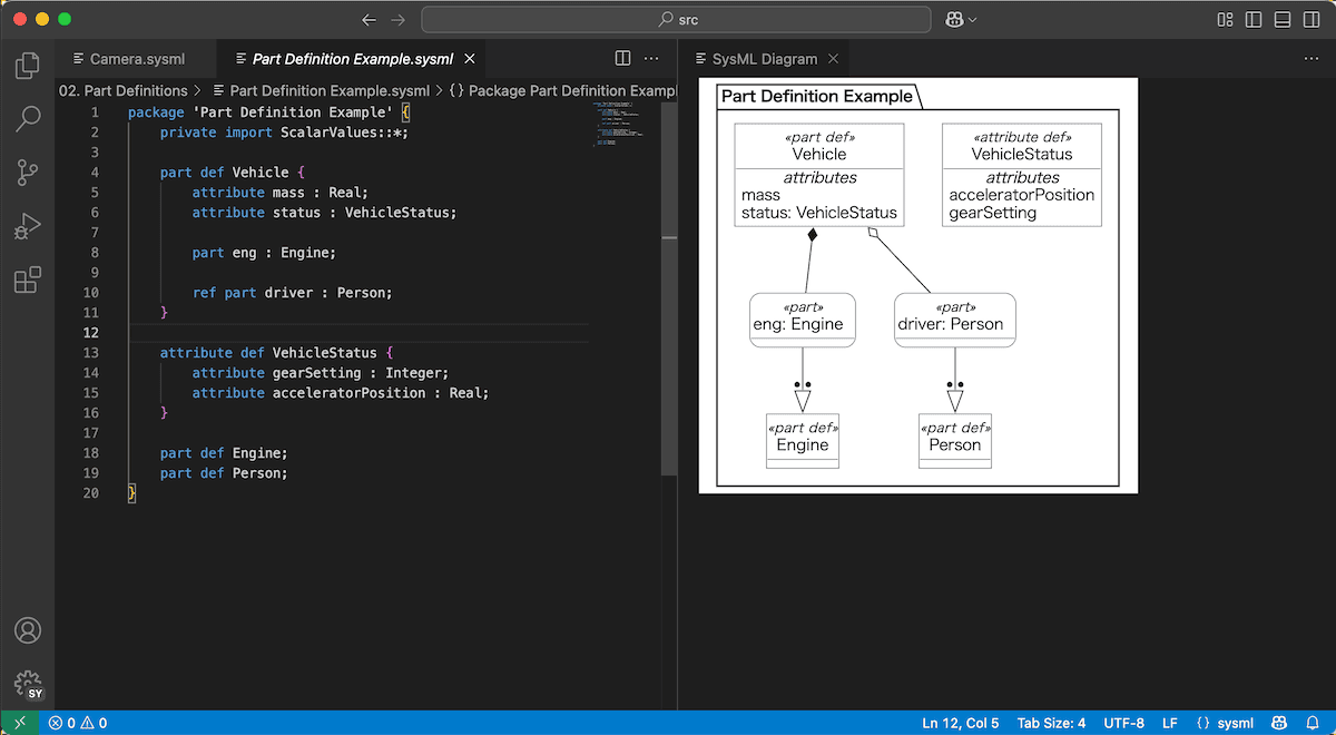 SysMLv2 Editor showing a SysML v2 model as text alongside a generated diagram in Visual Studio Code