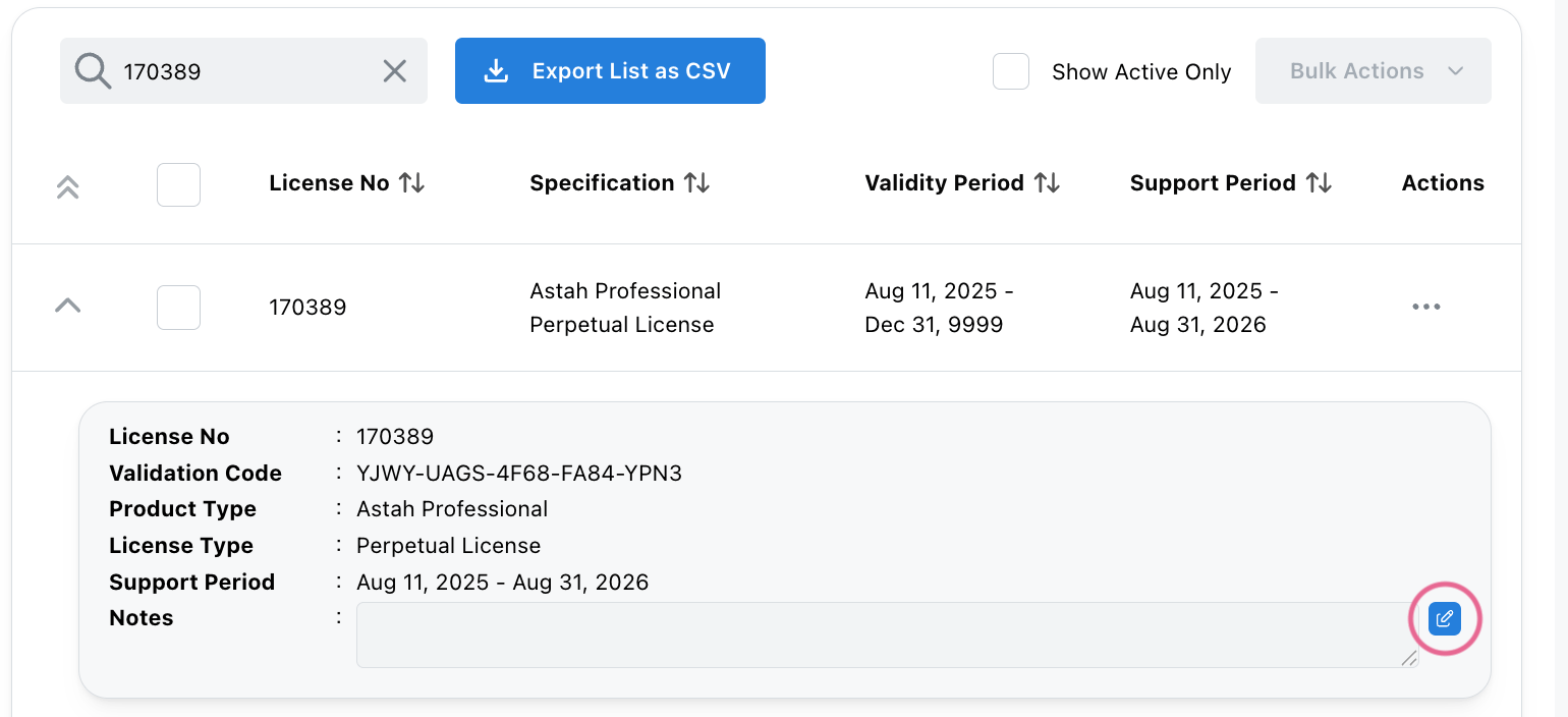 Adding an internal note to the registered Astah License.