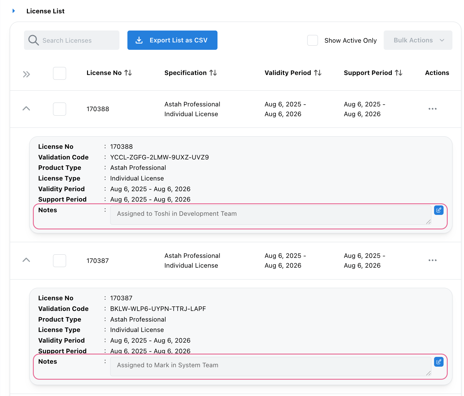 Adding internal notes to Astah licenses