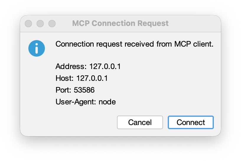 A confirmation dialog when launching Astah with the connection to AI agent via Astah PRO MCP plugin