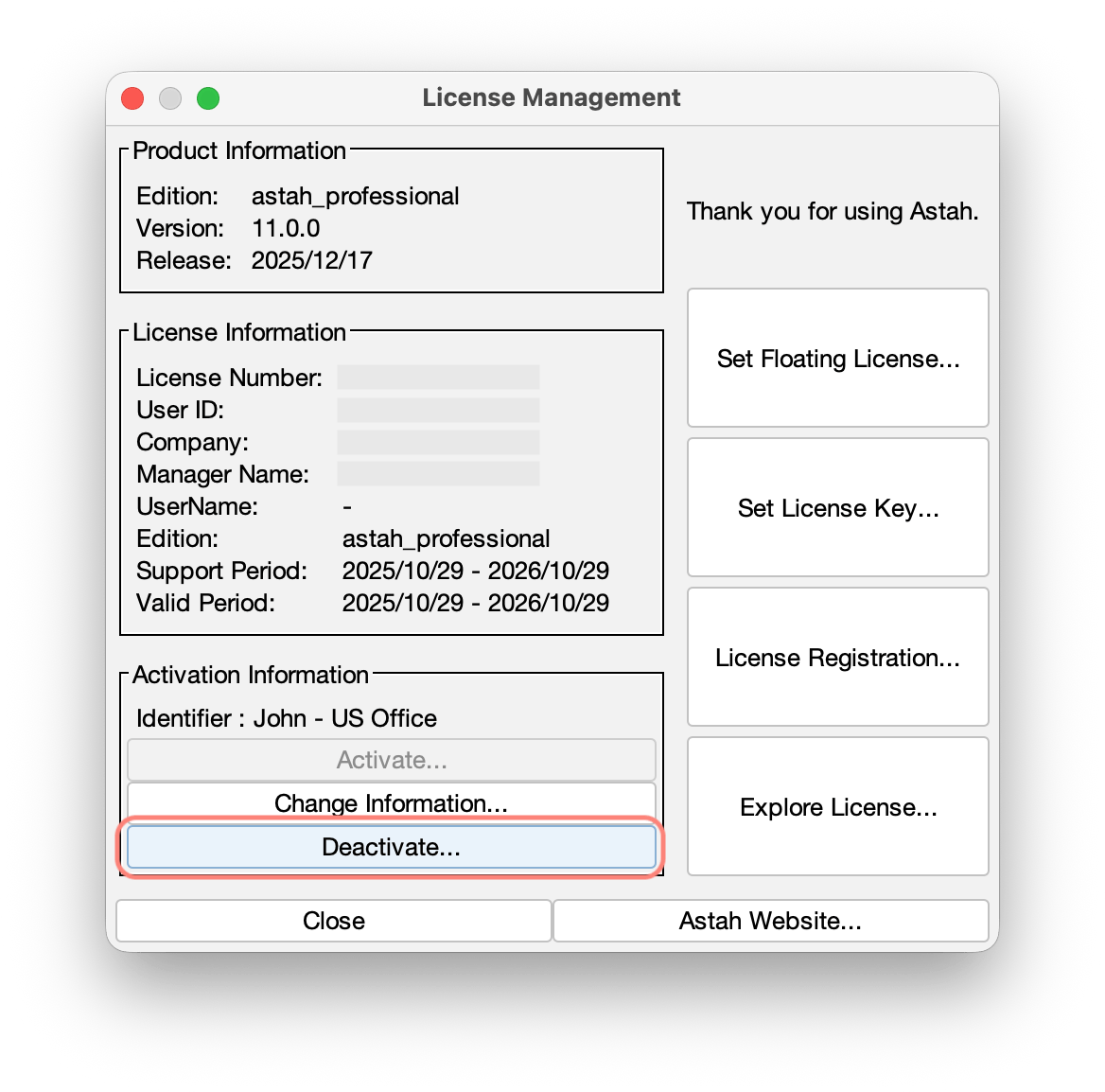 Deactivating Astah Organizational License