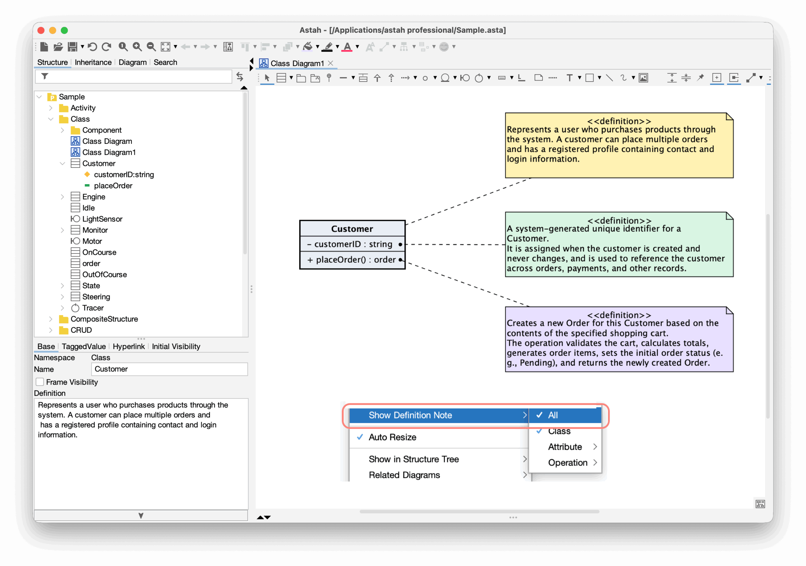 Display Definitions as Notes for All the models within the selected Class.
