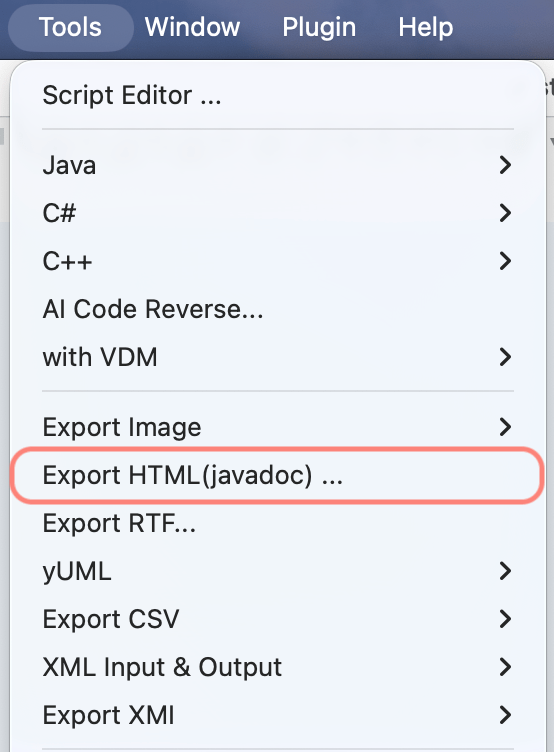 Export HTML Javadoc menu