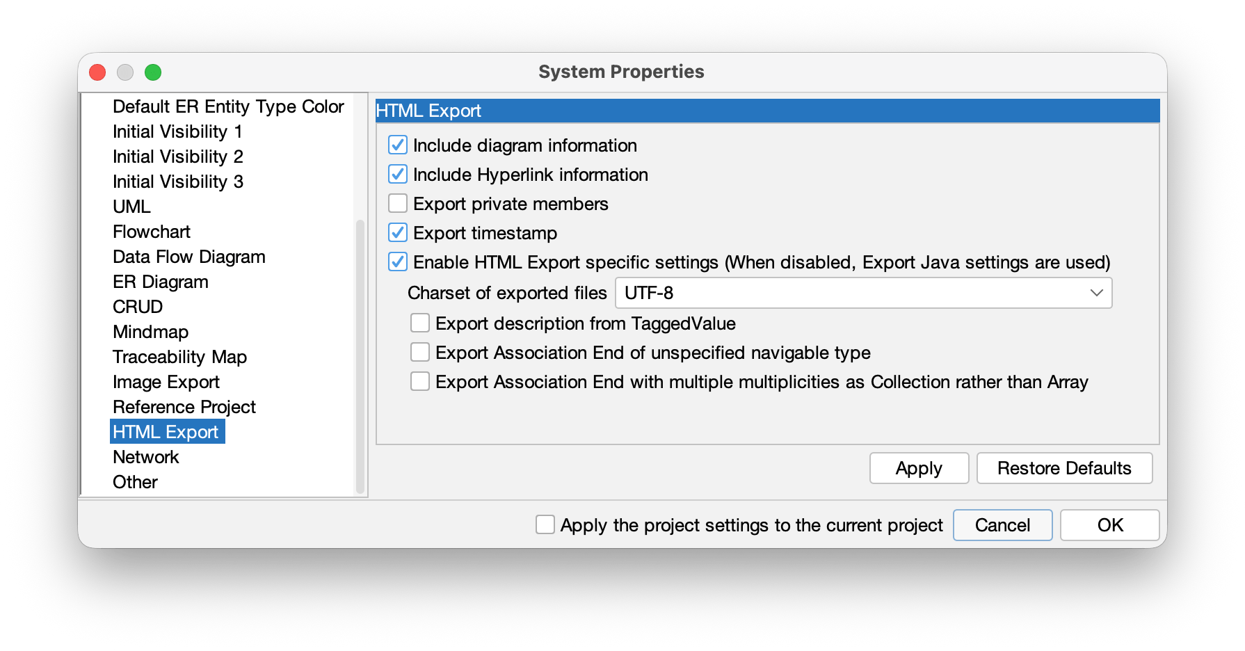 HTML Export Configuration