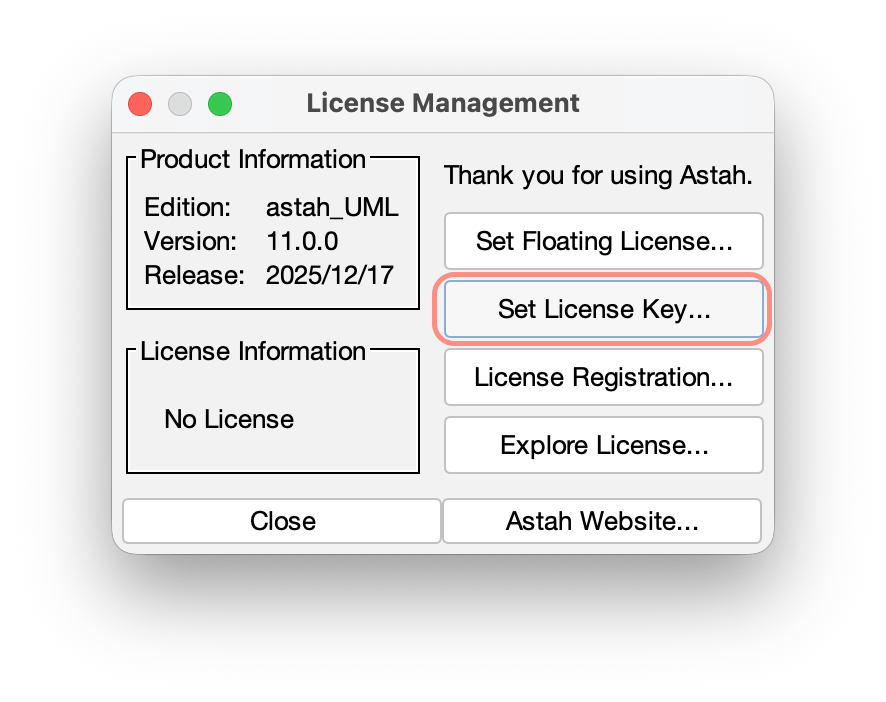 Set License Key to Astah UML