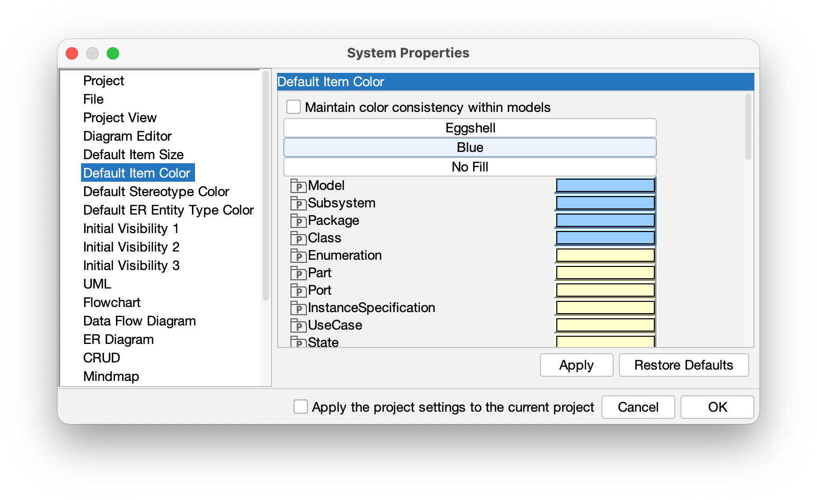 System Properties Default Color