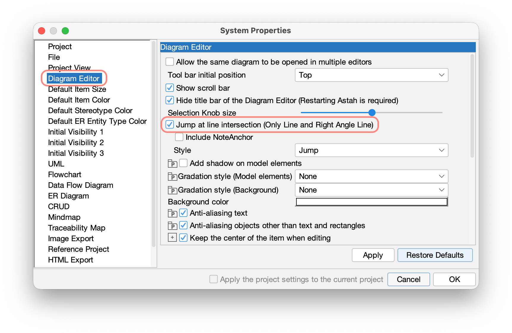Turn on/off jump on diagrams