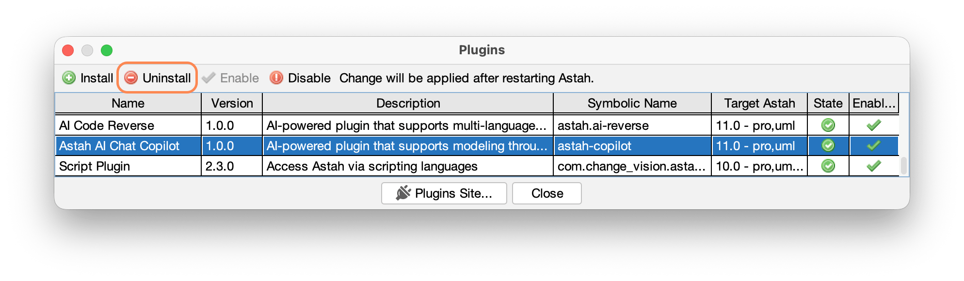 Uninstall Astah AI Chat Copilot