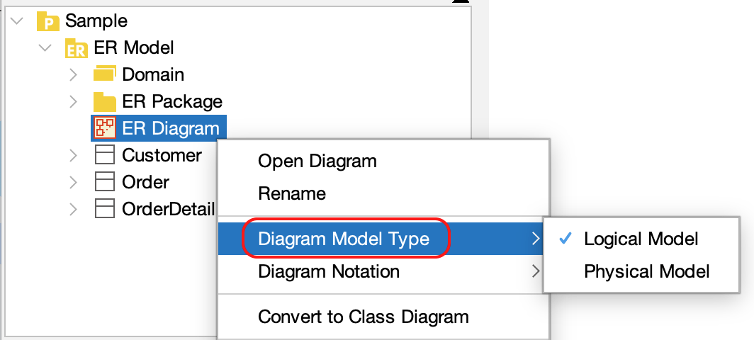 Switching Diagram Model Type for ERD from the Structure Tree