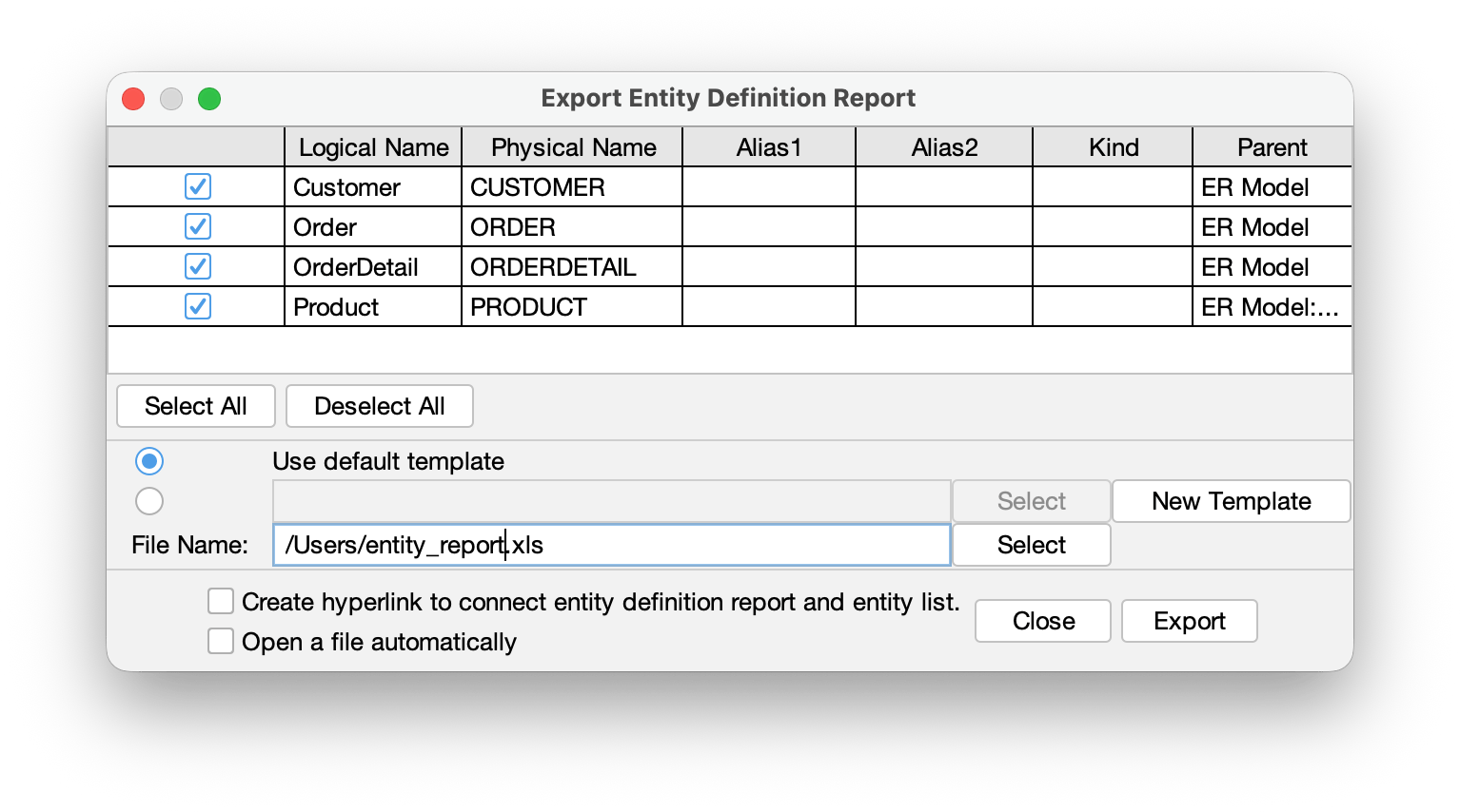 Entity Definition Report Menu