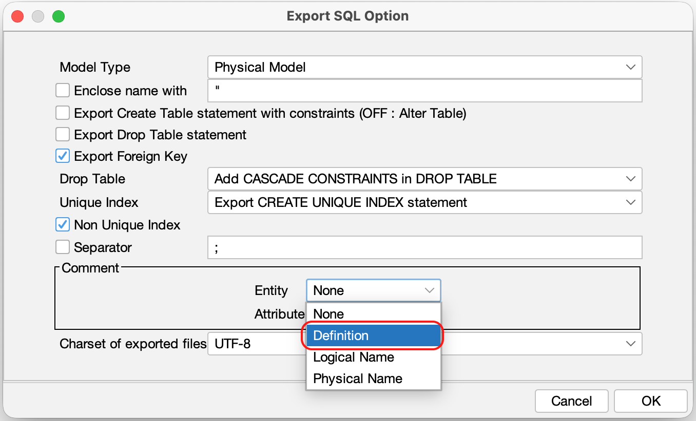 Export SQL Options Comment