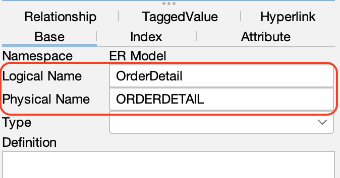 Property view showing both logical name and physical name for ER Entity