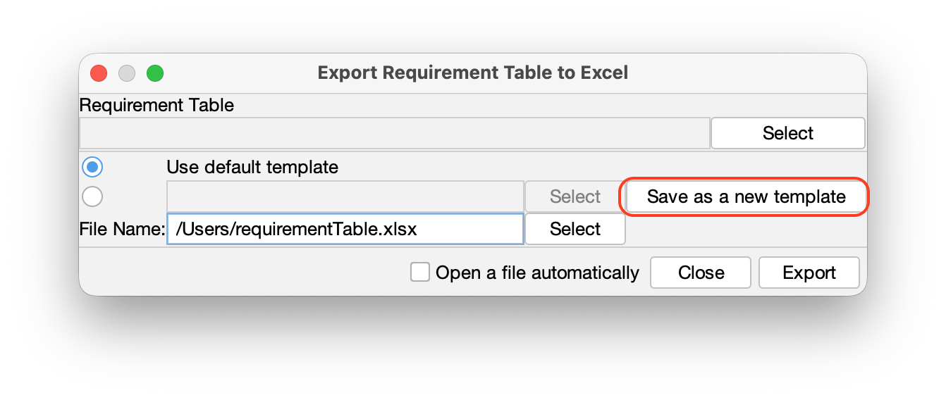 Save as Template button for Requirement Table export