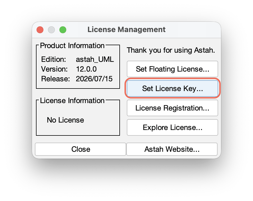 License Management Window on Astah UML