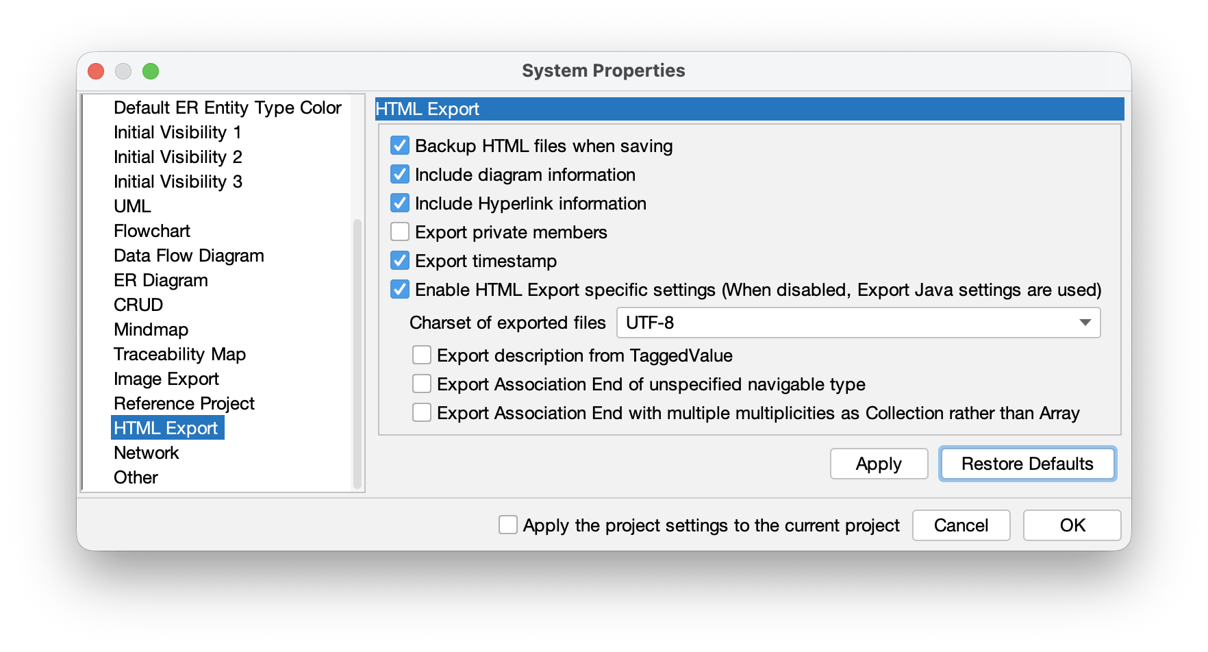 HTML Export Options