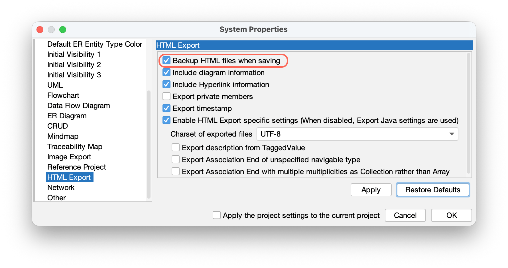 HTML Export System Properties