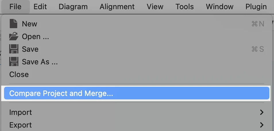 Compare Project and Merge menu in Astah System Safety