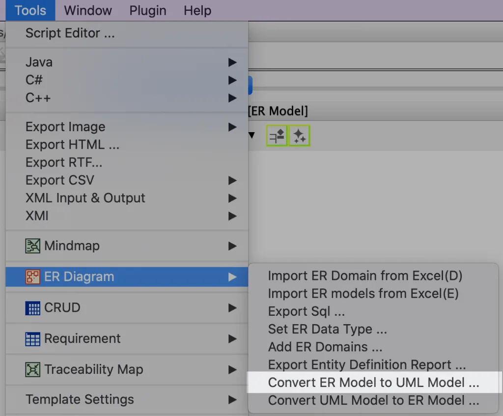 ERD to UML Convert Menu