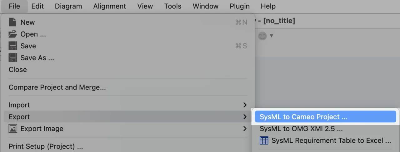 Exporting SysML models to Cameo
