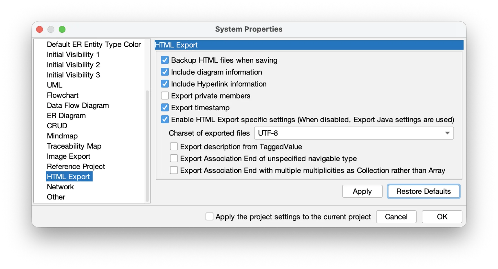 HTML Export Options