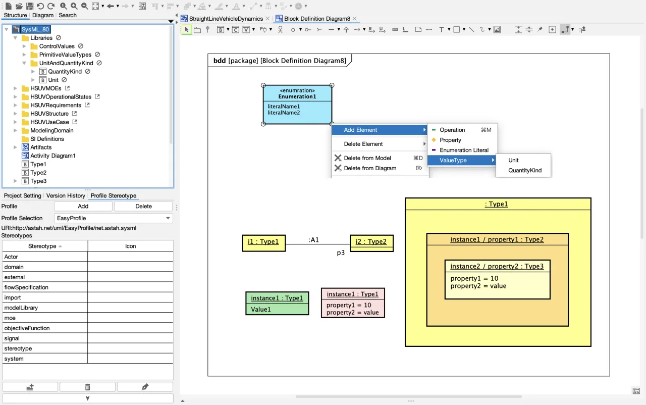 SysML Instance Specifications and Enumeration