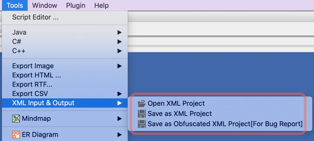 XML menu options in Astah