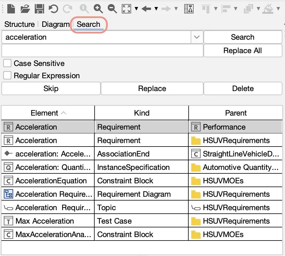Astah SysML Search Pane