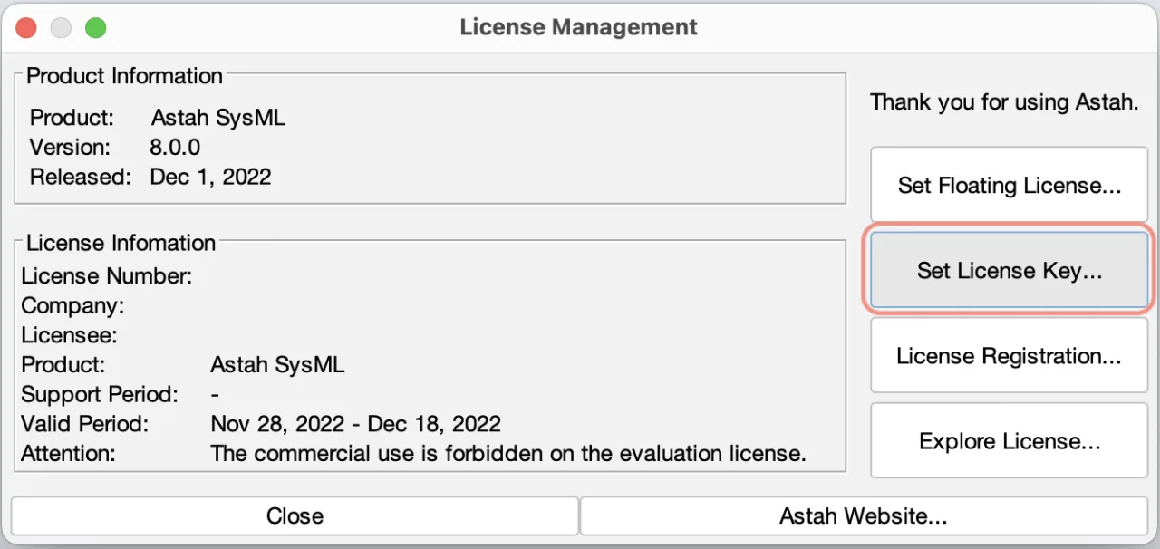 Astah SysML License Setup Window