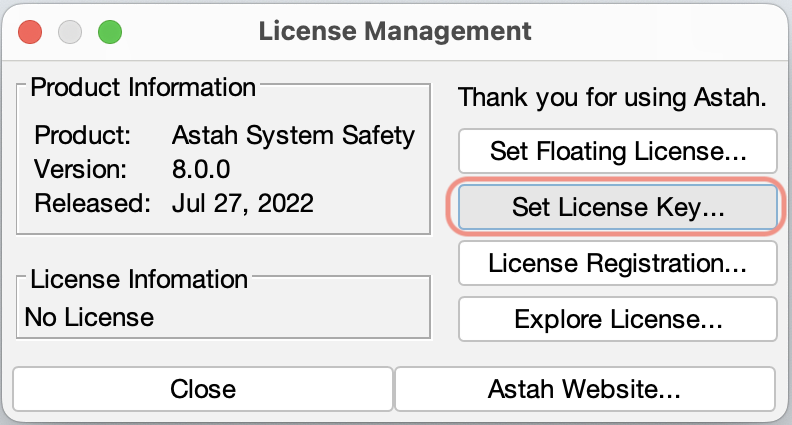 Astah System Safety License Setup Window
