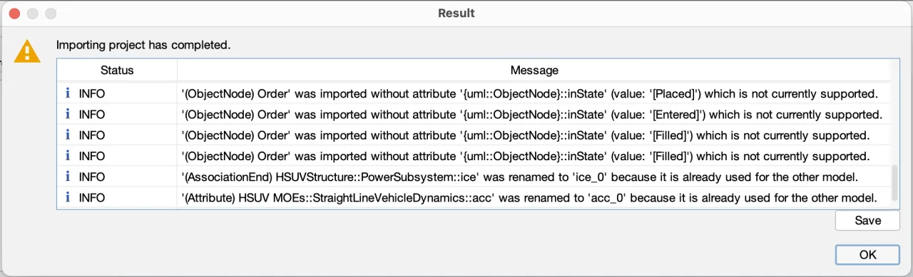 Information and alert at SysML model import
