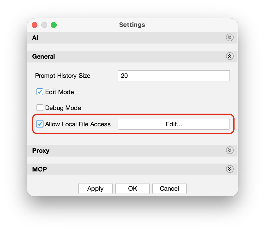 AI Chat Copilot settings in Astah with the Allow Local File Access option, which lets the AI read files in the folders you allow