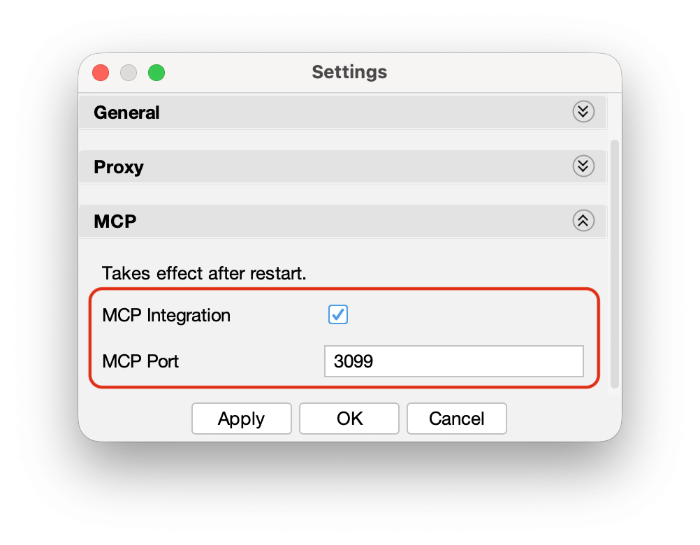 MCP Integration and MCP Port in the MCP settings