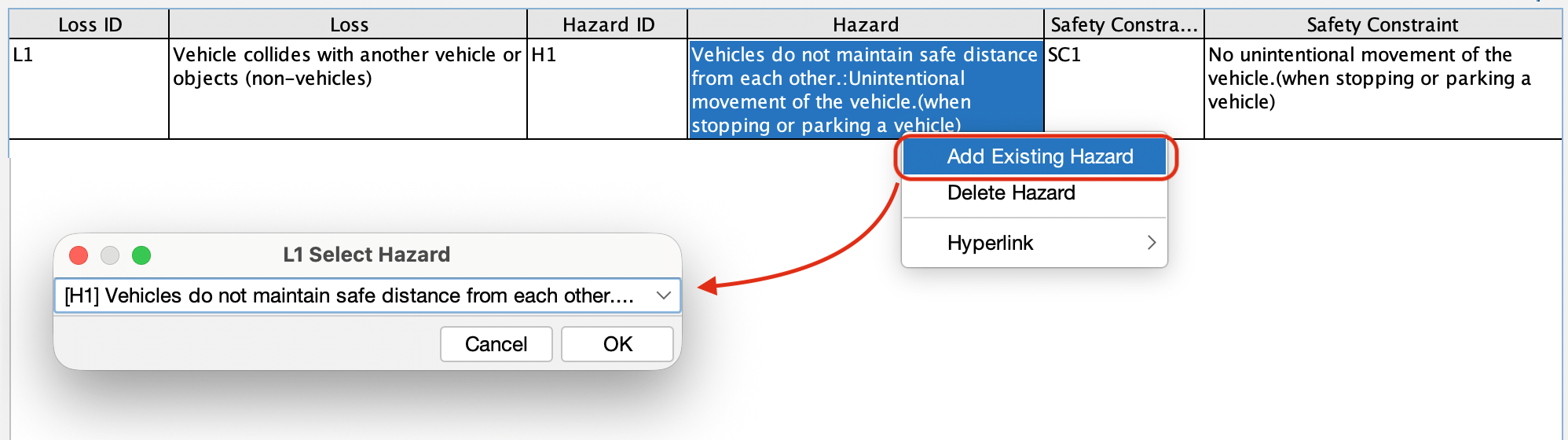 Right-click menu on a hazard in the Loss Hazard Safety Constraint Table of Astah System Safety, with Add Existing Hazard selected, and the Select Hazard dialog showing an existing hazard in a dropdown list